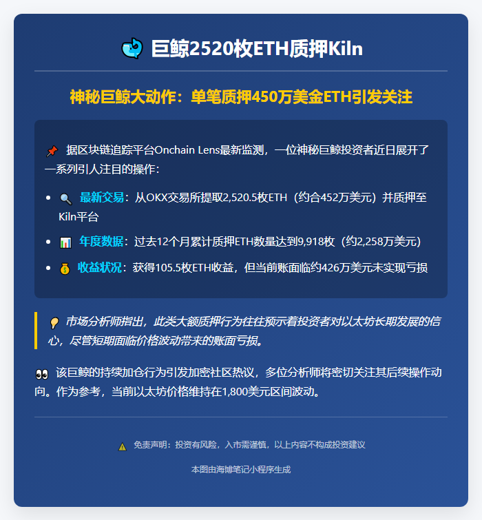 巨鲸2520枚ETH质押Kiln