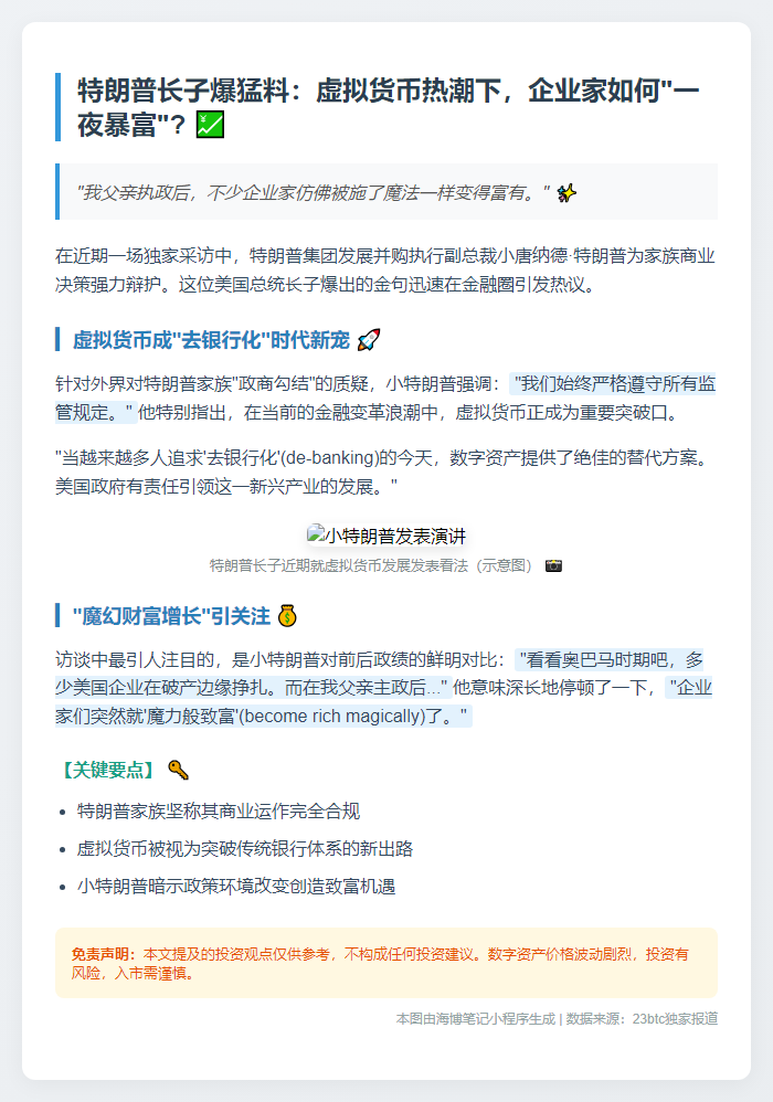 特朗普之子：父执政后虚拟货币致富企业激增