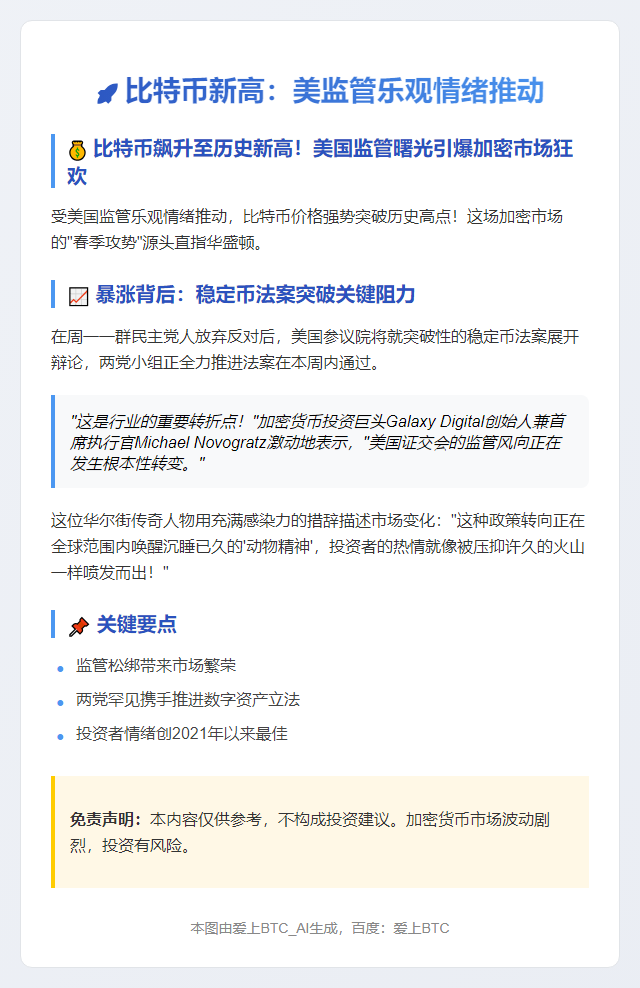 比特币新高：美监管乐观情绪推动
