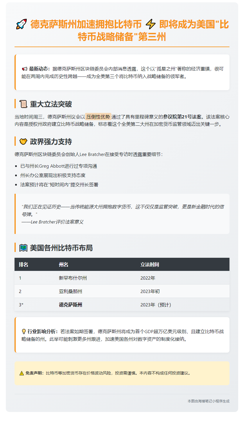 德州或成美国第三大比特币储备州