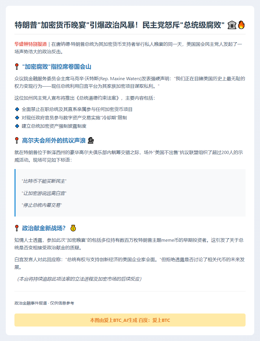 特朗普Meme币晚宴遭抗议，民主党提案封堵