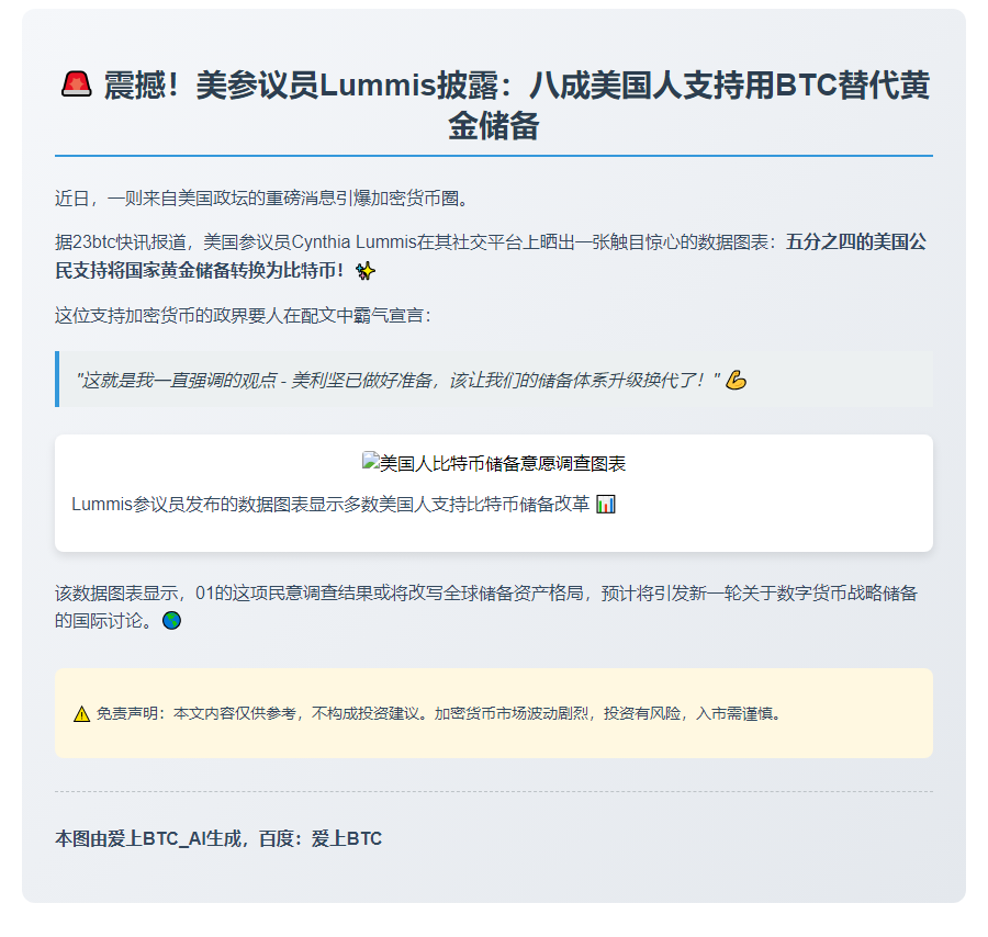 美参议员：八成民众支持黄金换比特币