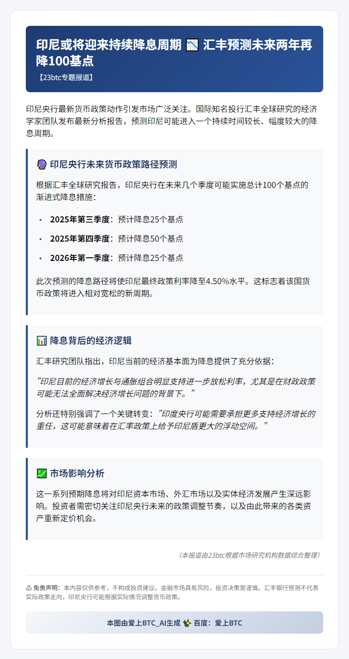 汇丰：印尼央行或降息100基点