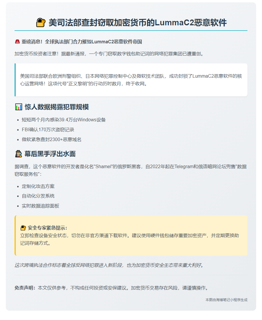 美司法部查封窃取加密货币的LummaC2恶意软件