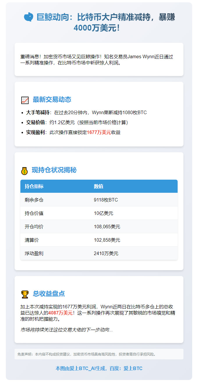 James Wynn减持比特币至10亿获利1677万