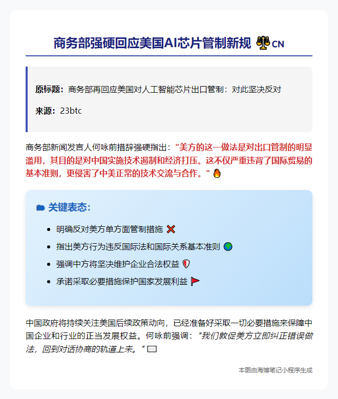 商务部反对美对华AI芯片出口管制