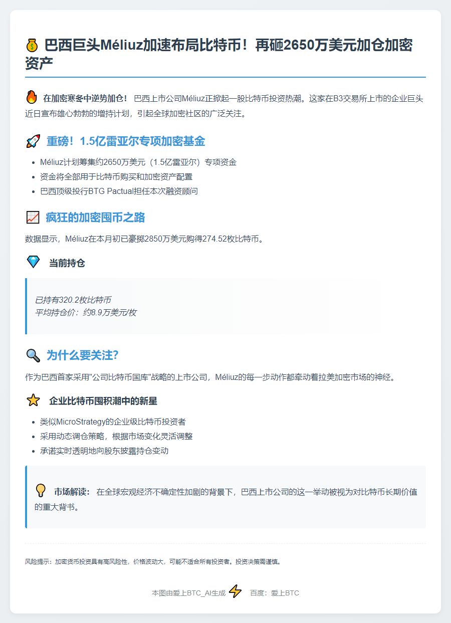 巴西公司Méliuz拟募2650万美元加仓比特币