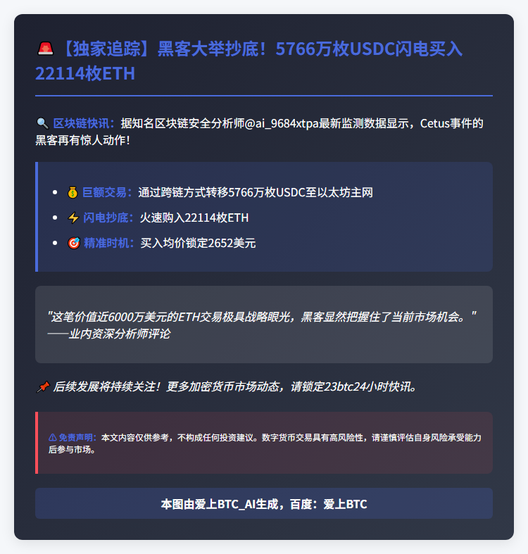 黑客购22,114枚ETH耗5766万USDC