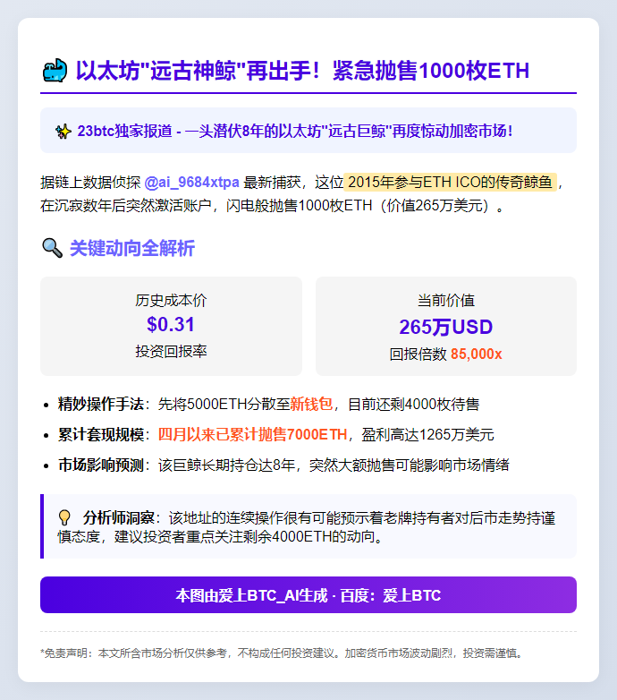 巨鲸再抛1000枚ETH