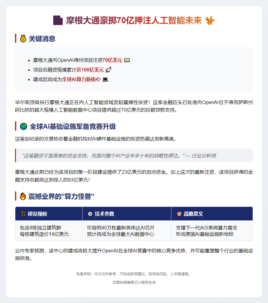 摩根大通向OpenAI贷款70亿建数据中心
