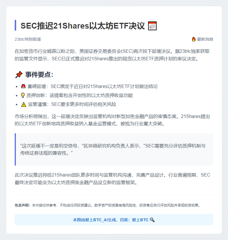 SEC推迟21Shares以太坊ETF决议