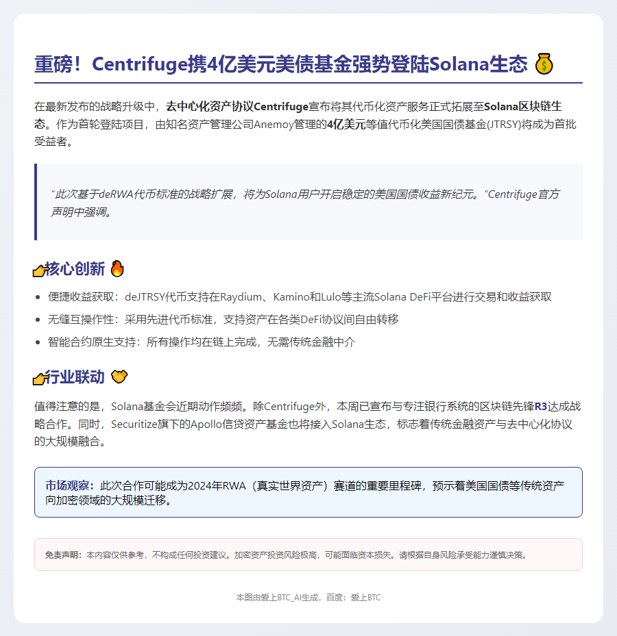Centrifuge扩展4亿美元RWA基金至Solana