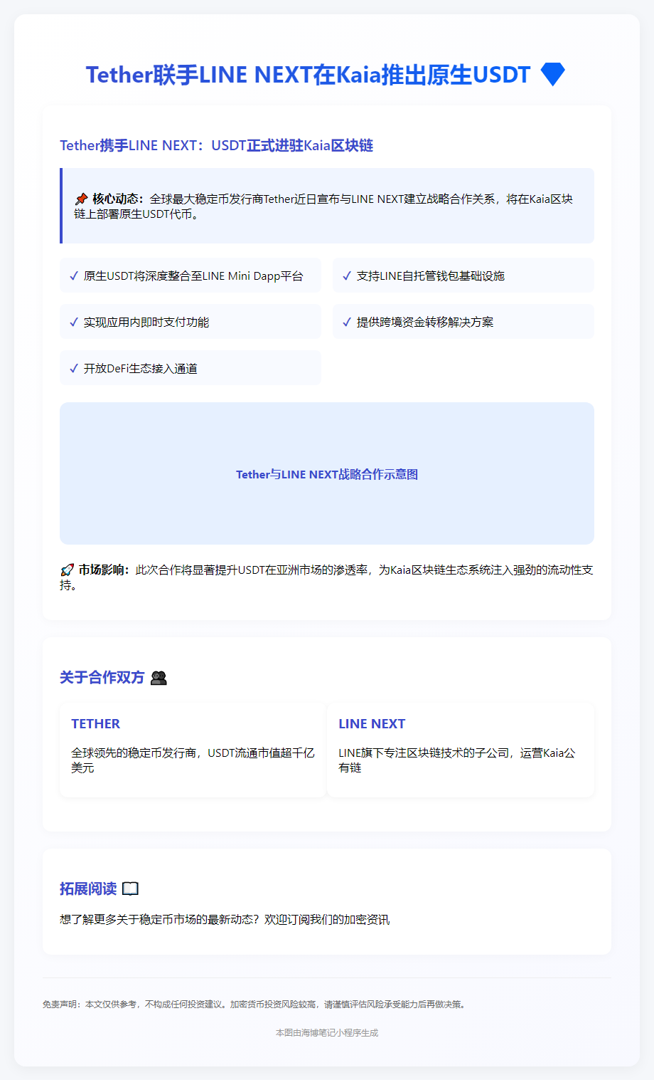 Tether联手LINE NEXT在Kaia推出原生USDT