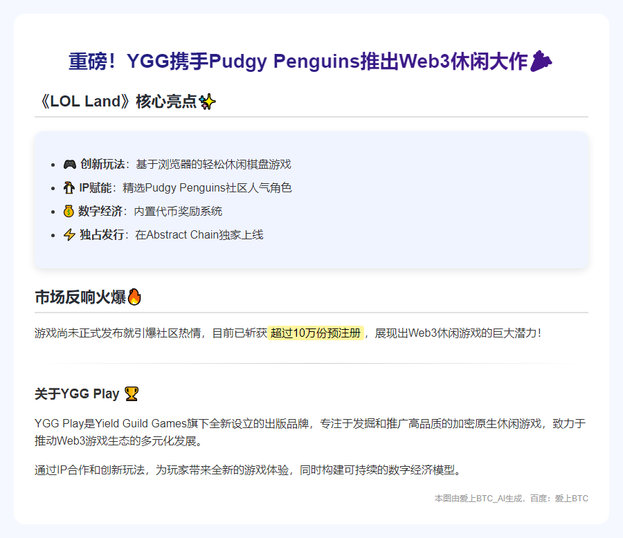 YGG发布《LOL Land》首款Pudgy Penguins游戏
