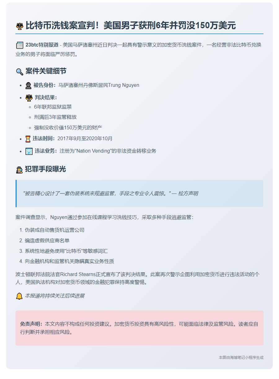 比特币洗钱案：男子获刑6年罚150万