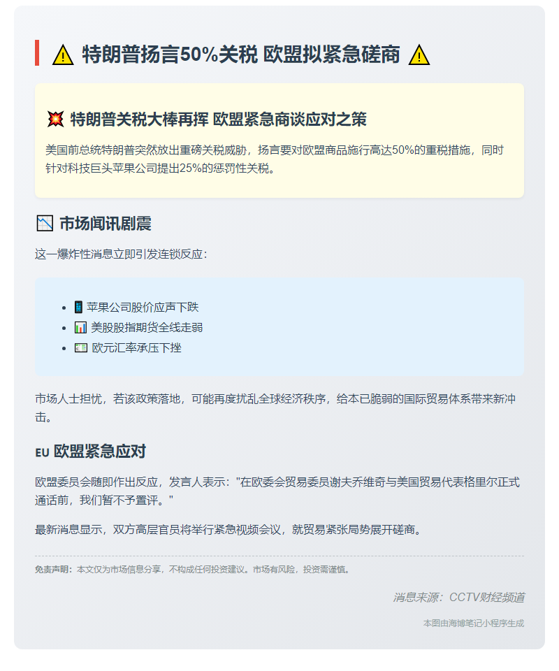 特朗普扬言50%关税 欧盟拟紧急磋商