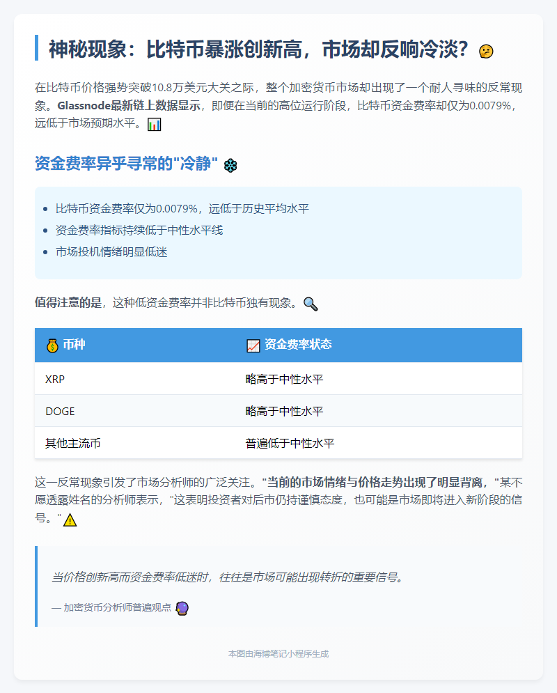 比特币破10.8万，资金费率低迷