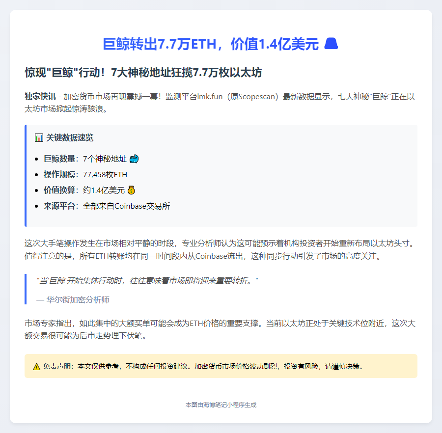 巨鲸转出7.7万ETH，价值1.4亿美元