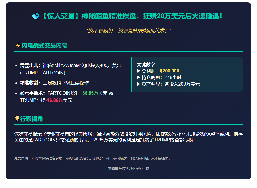 鲸鱼抛售TRUMP和FARTCOIN，狂赚20万刀