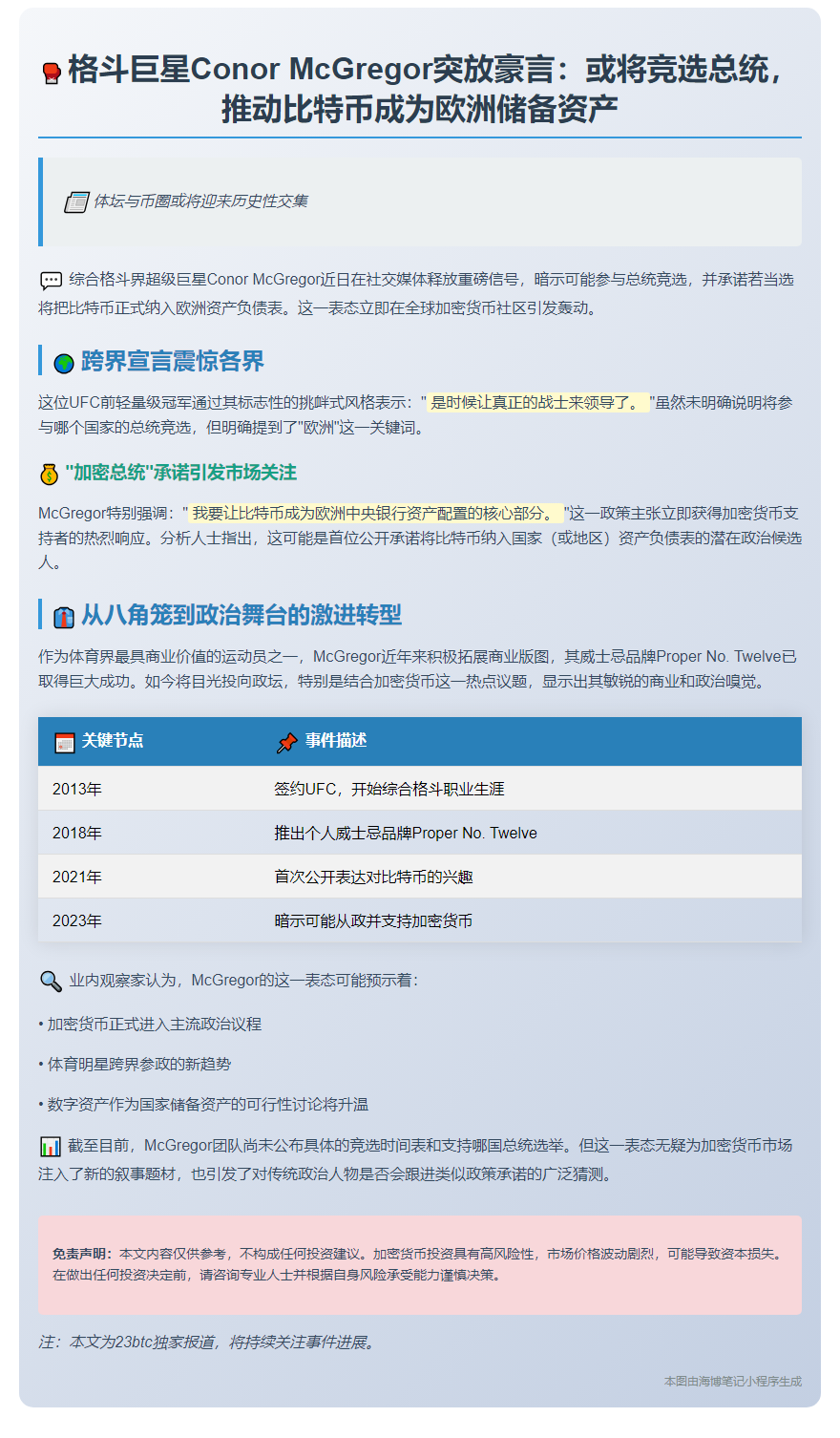 "Conor McGregor暗示竞选总统并推比特币入欧"