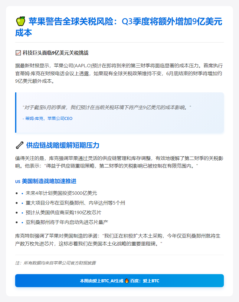 苹果：关税或增9亿美元成本