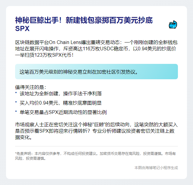 “新址13小时扫货123万枚SPX，均价0.94美元”
