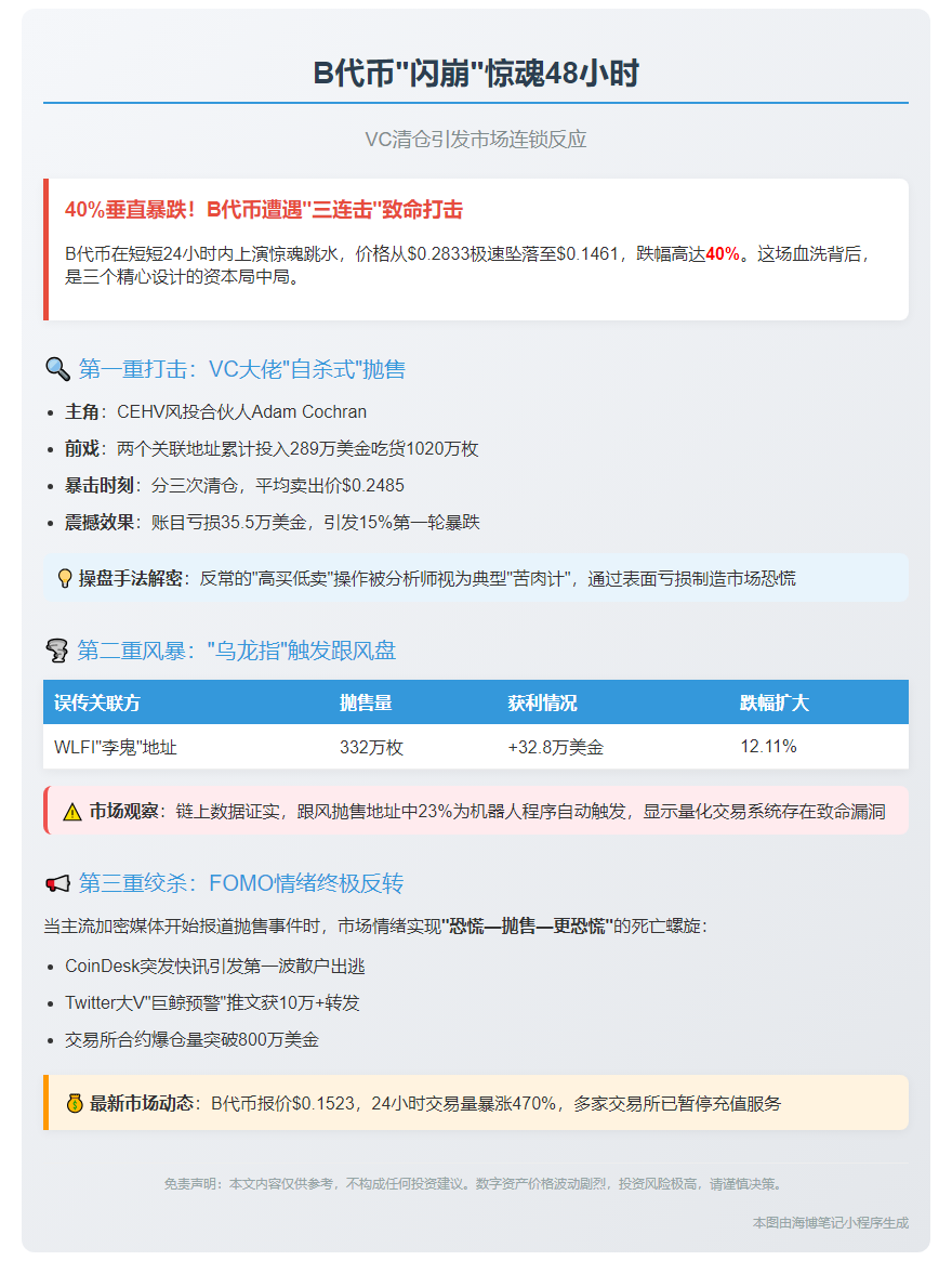 B代币暴跌40%，风投清仓引连锁反应