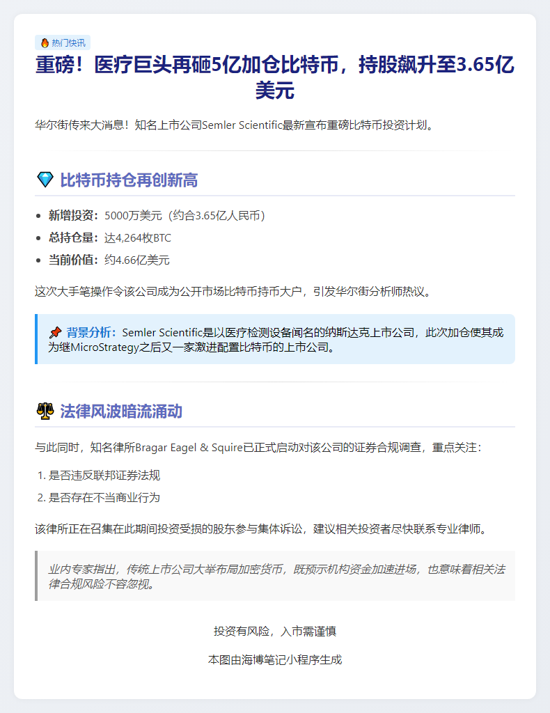 Semler Scientific再投5000万美元购比特币