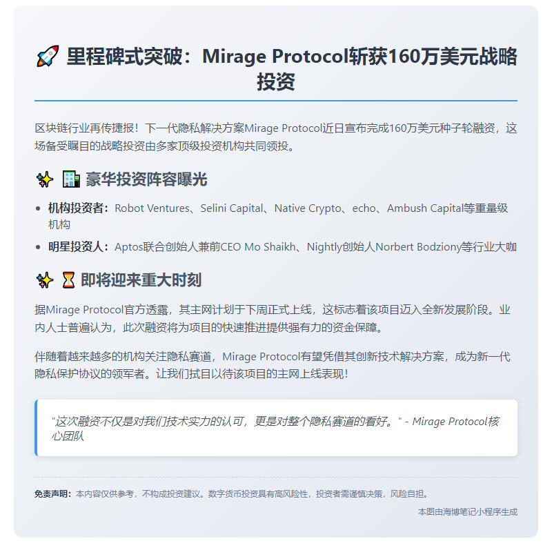 Mirage完成160万美元融资，下周主网上线