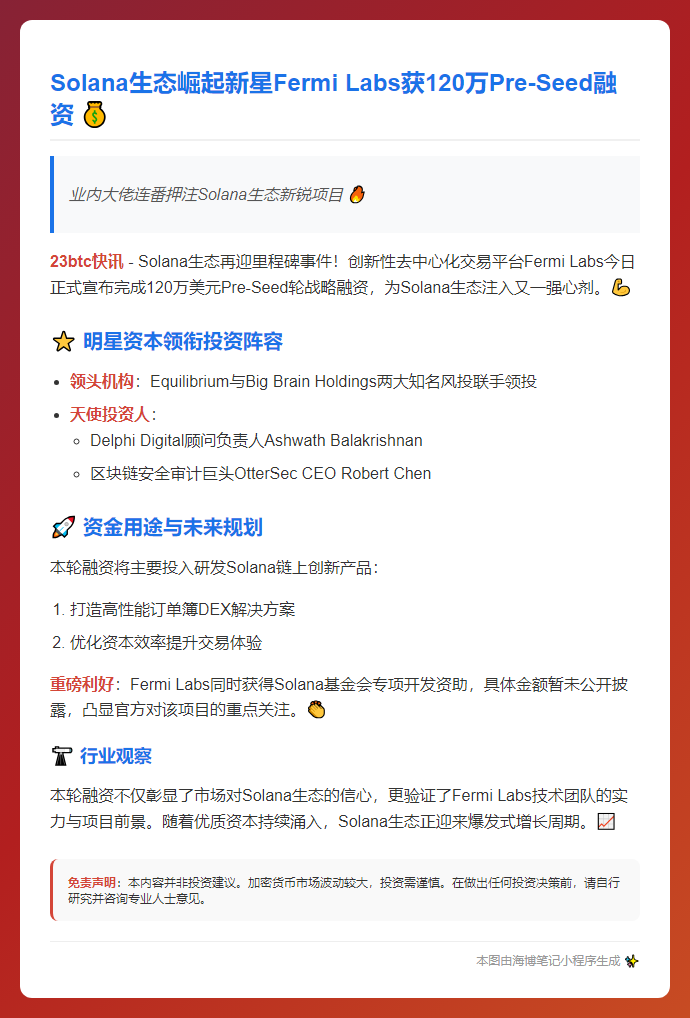 Solana生态Fermi Labs融资120万美元