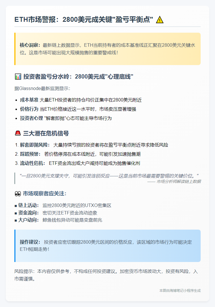 ETH投资者成本2800美元，卖压增大