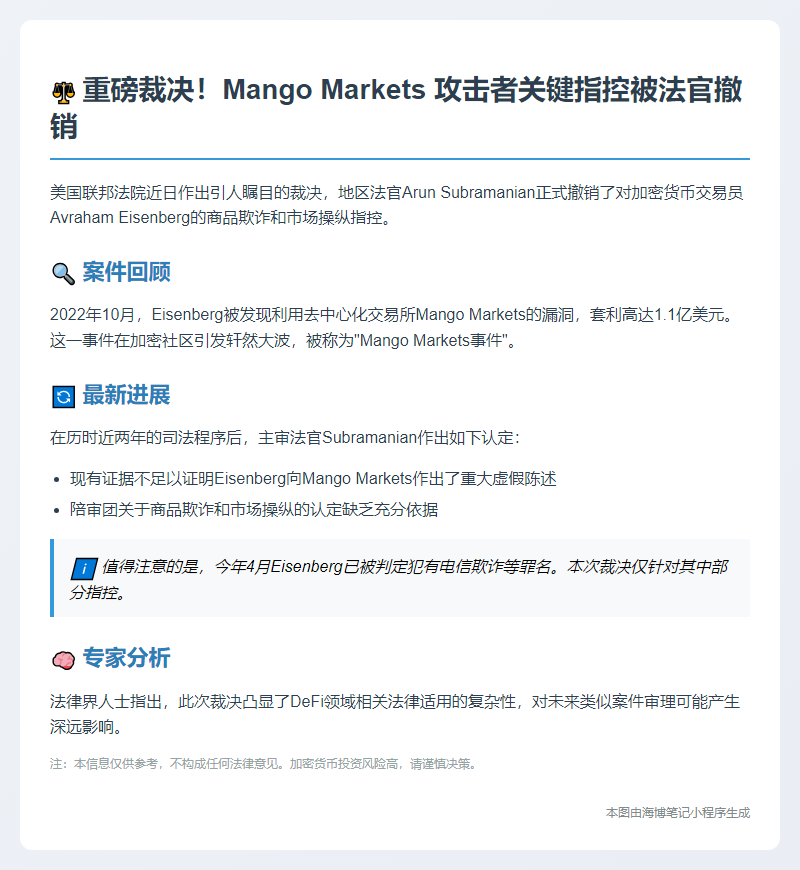 法官撤销Mango Markets欺诈指控