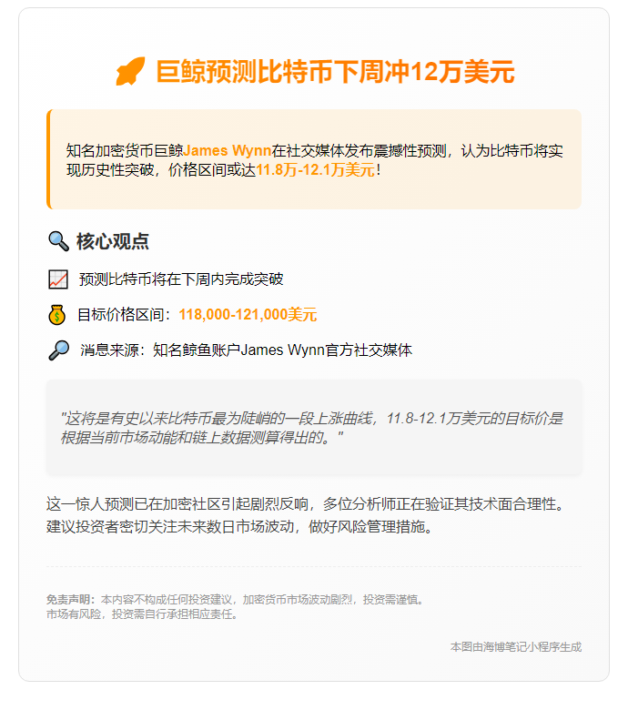 巨鲸预测比特币下周冲12万美元