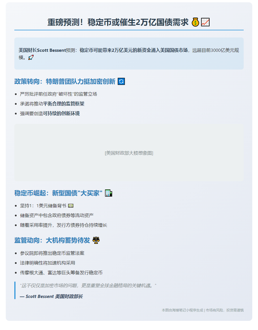 美财长预言：稳定币或催生2万亿国债需求