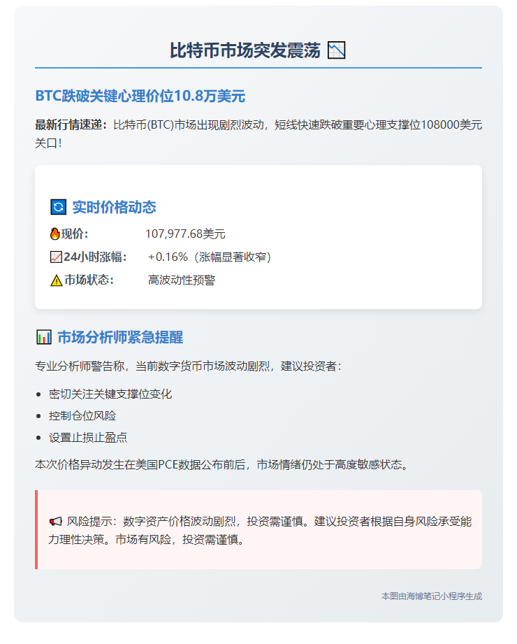 比特币跌破10.8万美元