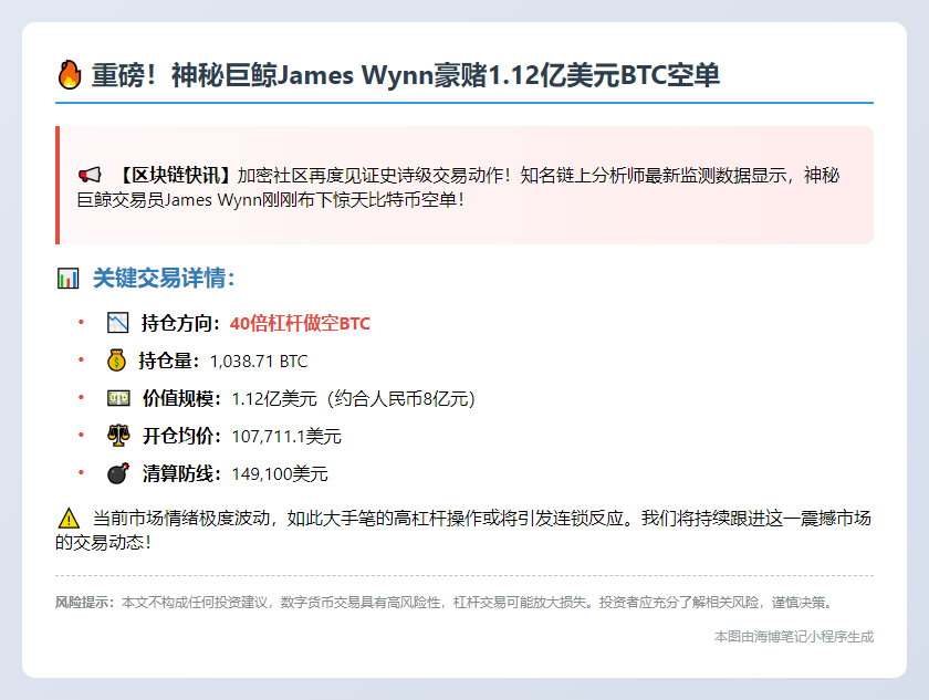 James Wynn做空1037 BTC 40倍杠杆
