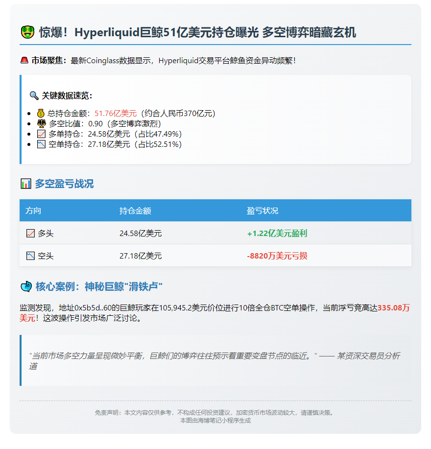 Hyperliquid鲸鱼持仓52亿 多空比0.9