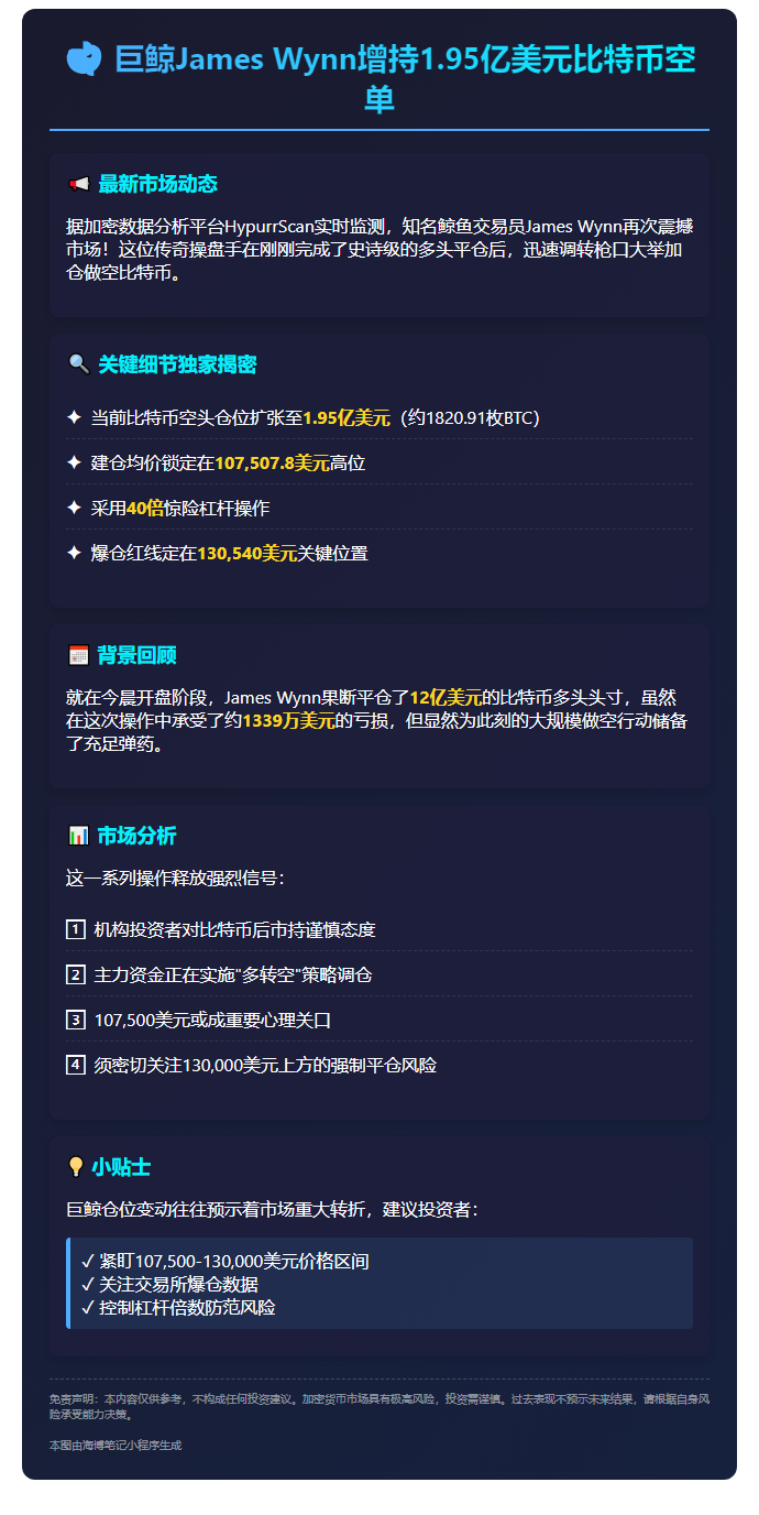 巨鲸James Wynn增持1.95亿美元比特币空单