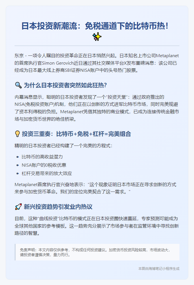 Metaplanet CEO：日本投资者借免税机制投资比特币