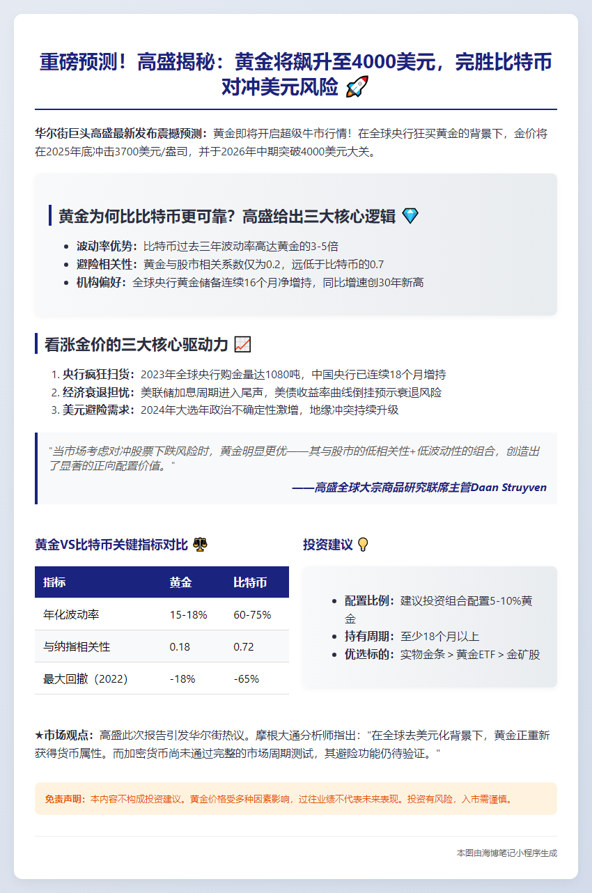 高盛：黄金优于BTC对冲美元风险