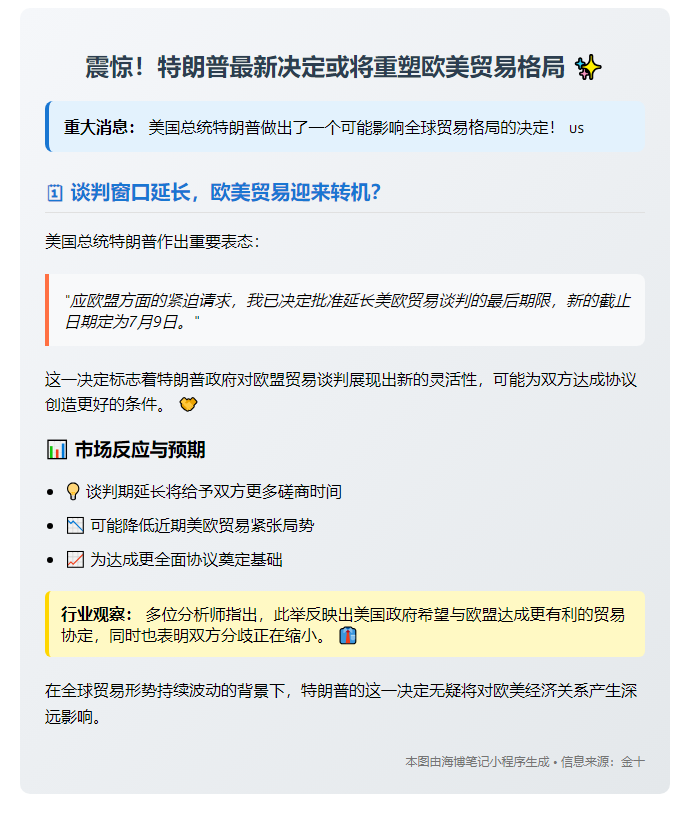特朗普推迟欧美贸易谈判至7月9日