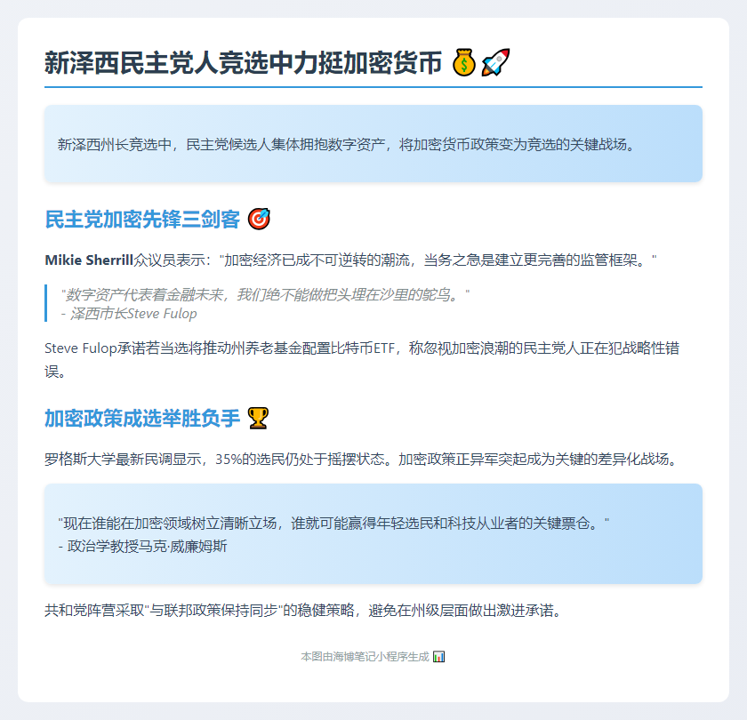 新泽西民主党人竞选中力挺加密货币