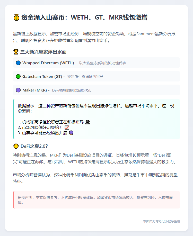 资金涌入山寨币：WETH、GT、MKR钱包激增