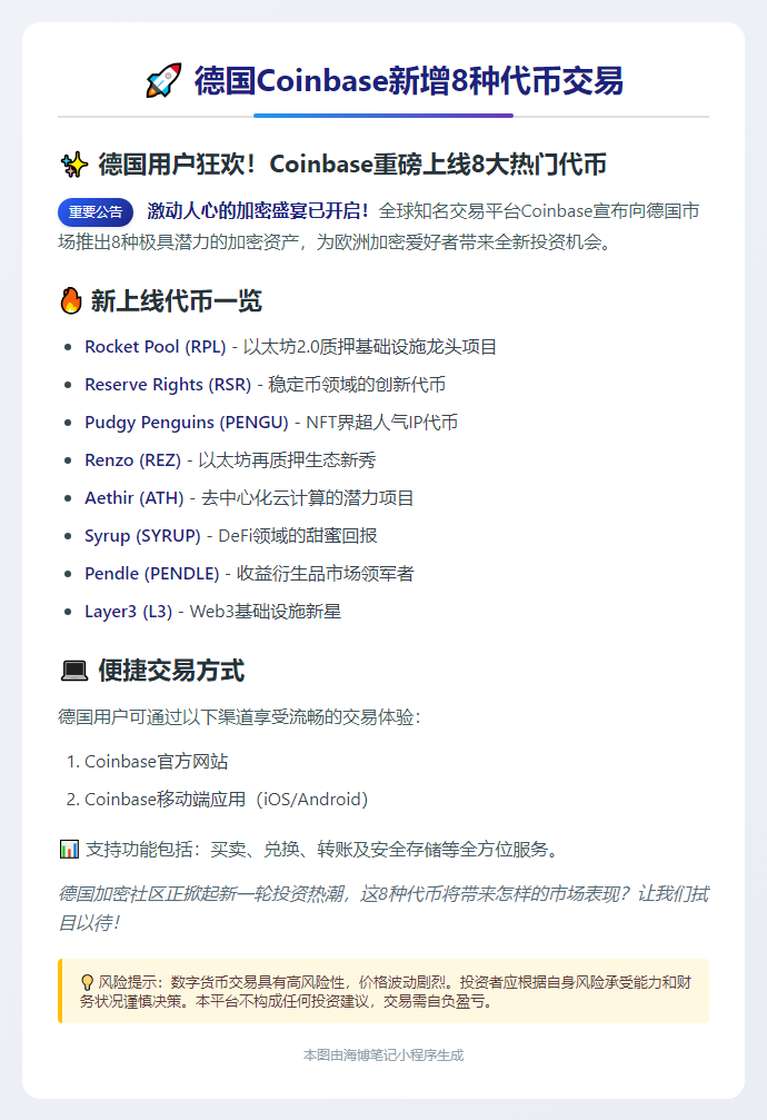 德国Coinbase新增8种代币交易