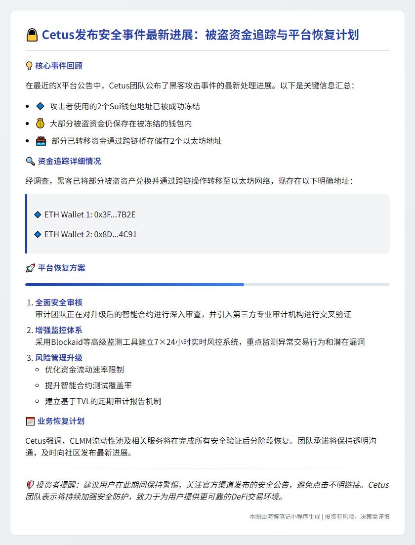 Cetus：被盗资金锁定，服务将逐步恢复