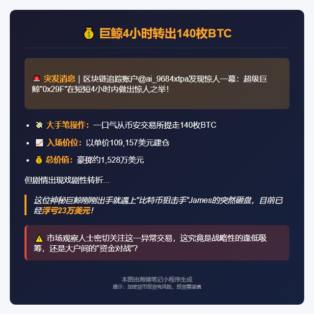 巨鲸4小时转出140枚BTC