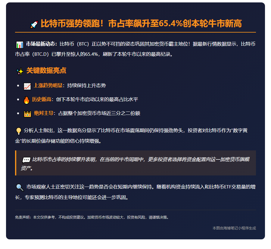比特币市占率创新高，达65.4%