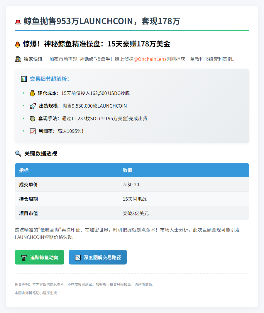 鲸鱼抛售953万LAUNCHCOIN，套现178万