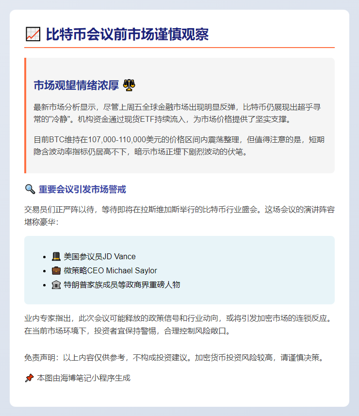 比特币会议前市场谨慎，短期波动率仍高