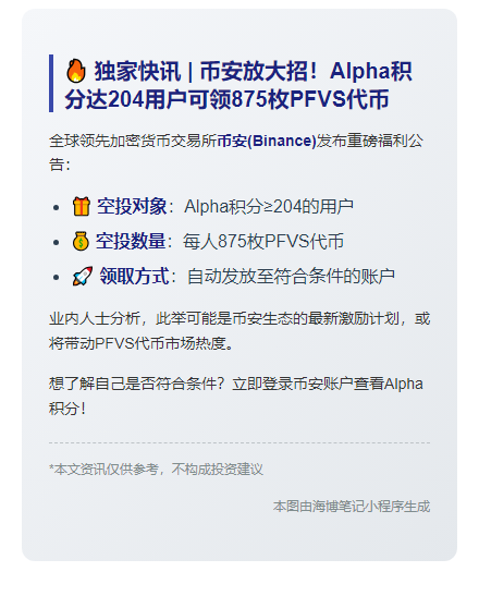 币安向 Alpha 积分达标用户发放 PFVS 代币